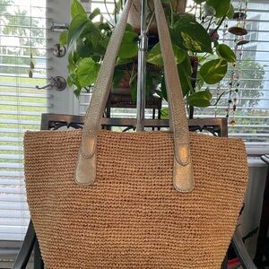 TOMMY BAHAMA STRAW WOVEN BAG LINED THICK DOUBLE GOLD LEATHER HANDLES